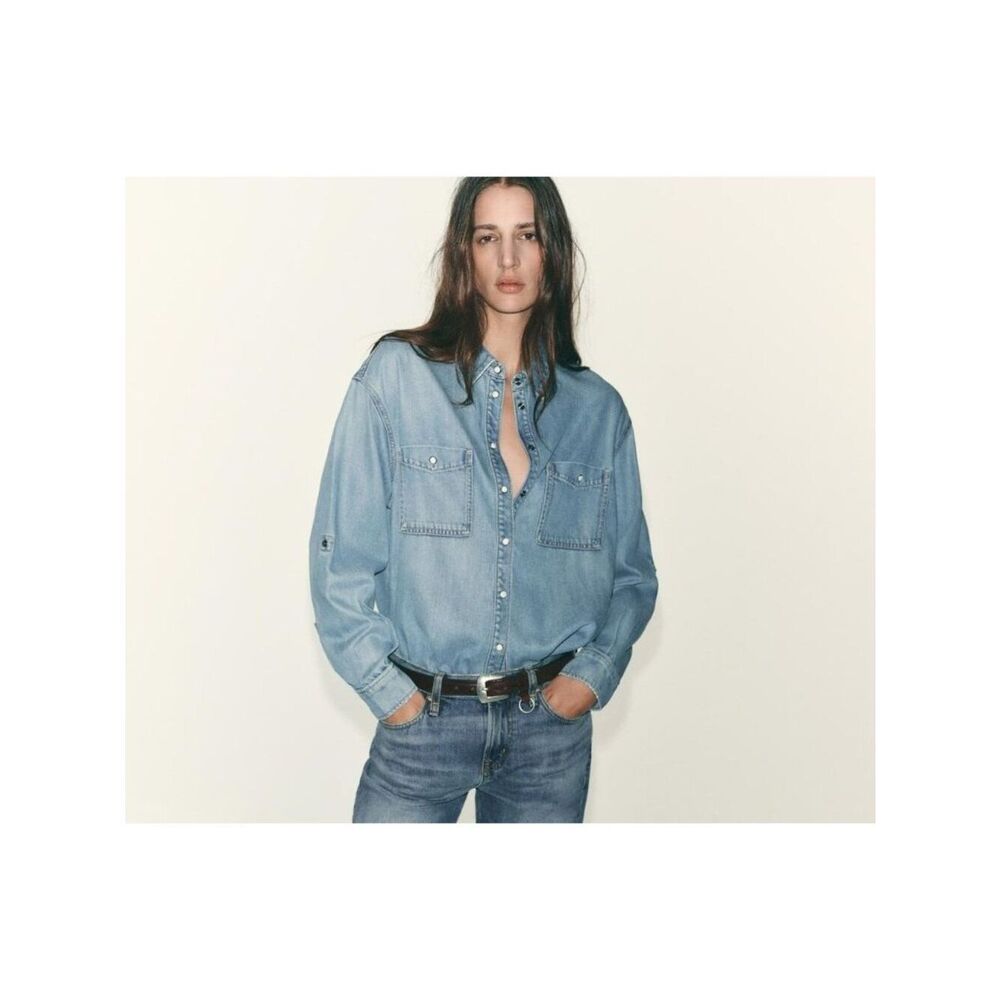 Zara Womens Jean western Shirt L Blue Denim Oversized pearl snap 4083/225 NWT